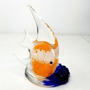 Art Glass Clear, Orange, White & Blue Angel Fish Tea Light Candle Holder